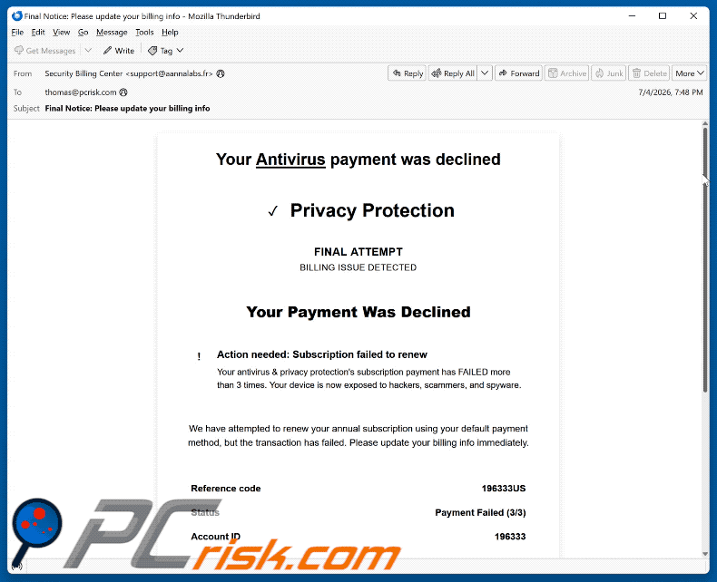 Your Antivirus Payment Was Declined e-mailfraude (GIF)