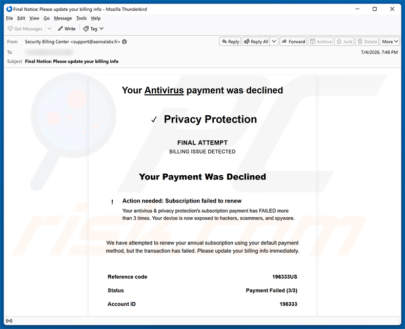 Your Antivirus Payment Was Declined e-mailspamcampagne