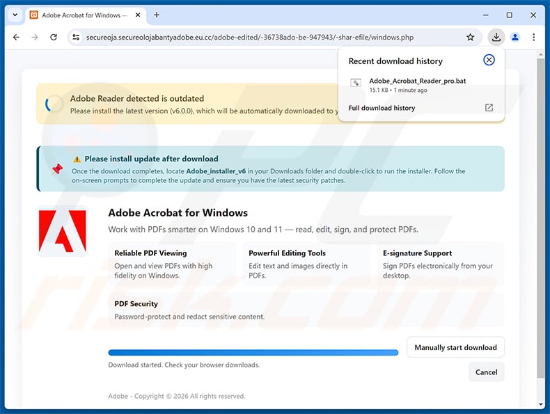 Kwaadaardige website gepromoot via de Adobe - Outstanding Invoices Email Virus spamcampagne
