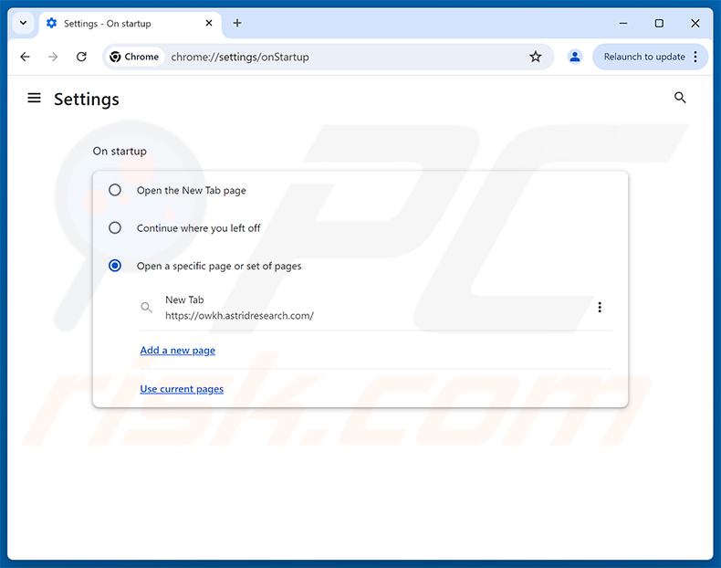 Verwijderen van astridresearch.com uit de startpagina van Google Chrome