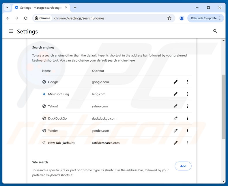 Verwijderen van astridresearch.com uit de standaardzoekmachine van Google Chrome