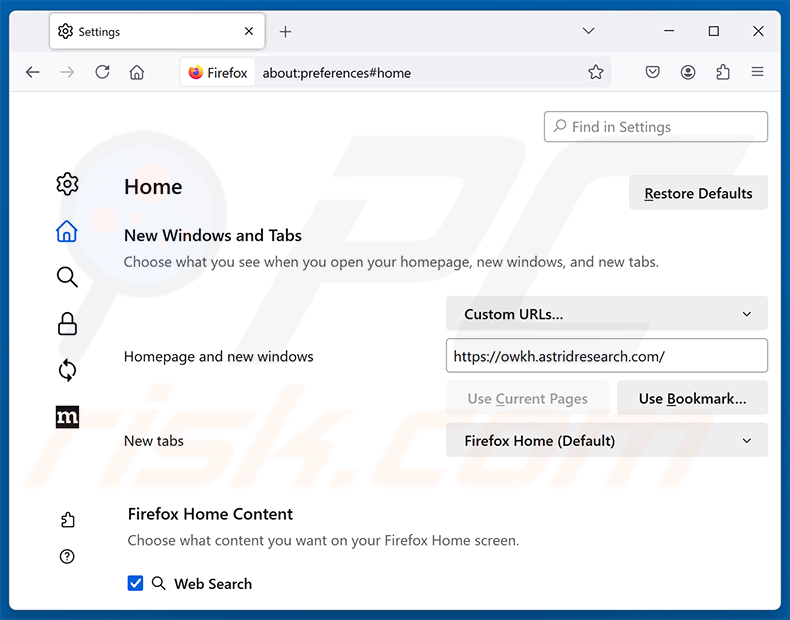 Verwijderen van astridresearch.com uit de startpagina van Mozilla Firefox