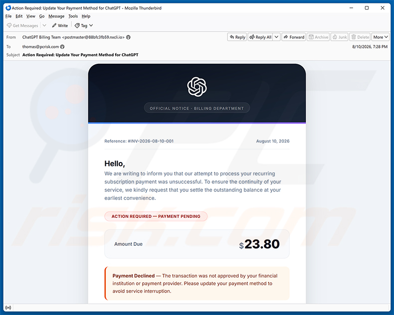 ChatGPT Payment Method Update Email Scam e-mailspamcampagne