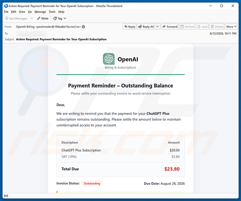 ChatGPT Payment Reminder Email Scam e-mailspamcampagne