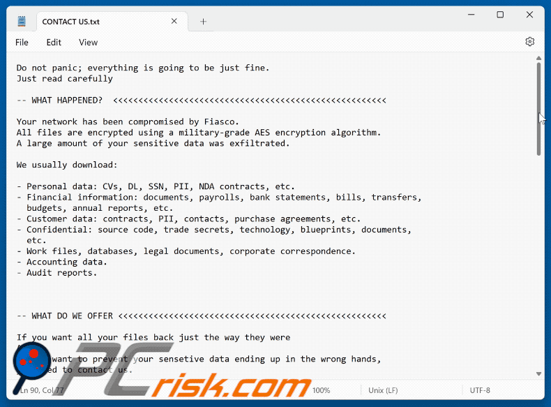 Losgeldbrief van Fiasco Ransomware (CONTACT US.txt)