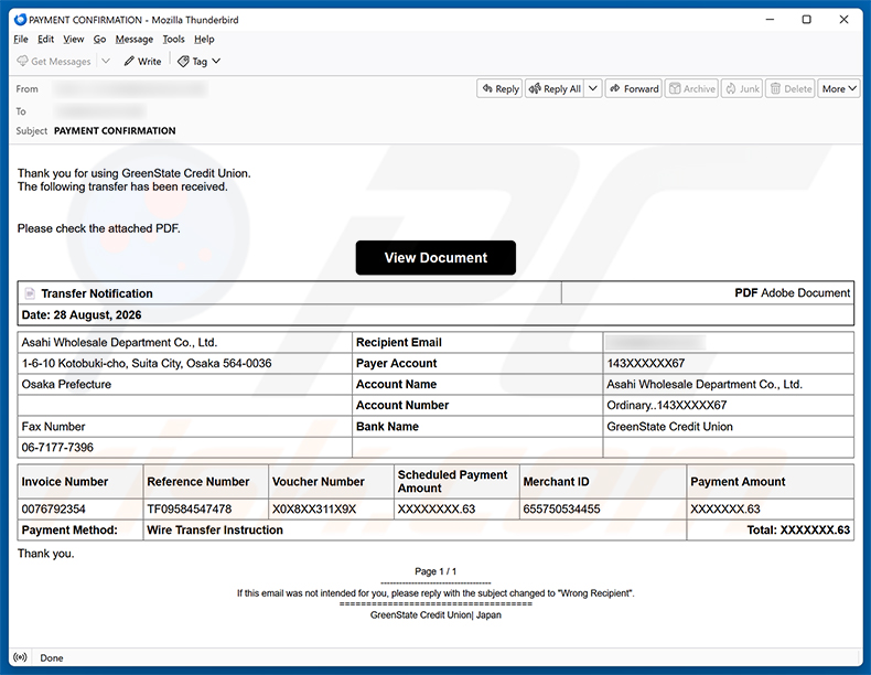 GreenState Credit Union Transfer Received e-mailfraude spamcampagne