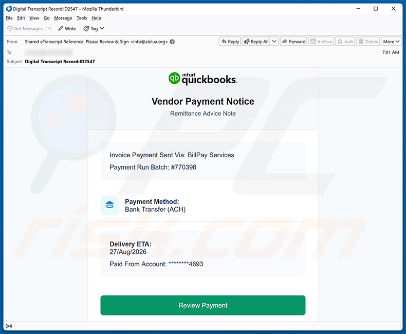 Intuit QuickBooks - Vendor Payment Notice Email Virus spamcampagne