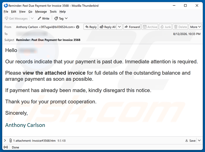 Invoice Payment Is Past Due e-mailfraude spam-e-mailcampagne