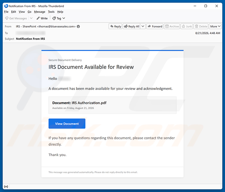 IRS Document Available For Review e-mailfraude spamcampagne