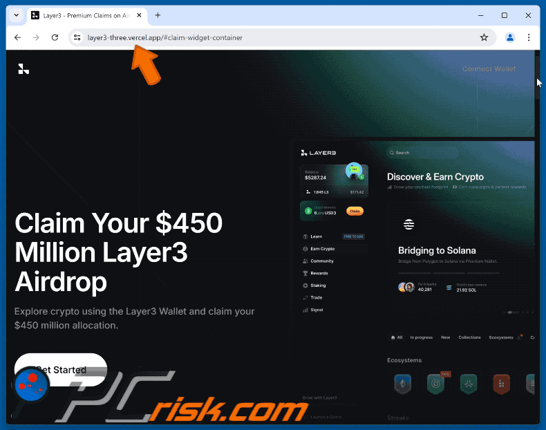 Neppe Layer3-website die werkt als een crypto-drainer