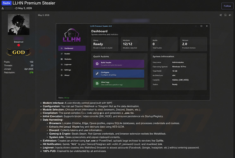 LLHN Stealer gepromoot op hackersforums