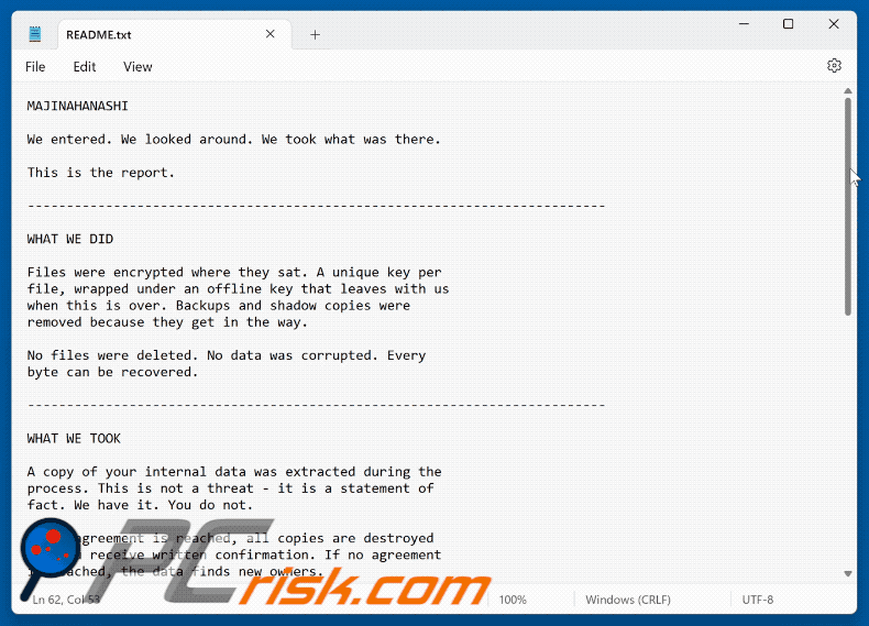 MAJINAHANASHI-ransomware tekstbestand (README.txt)