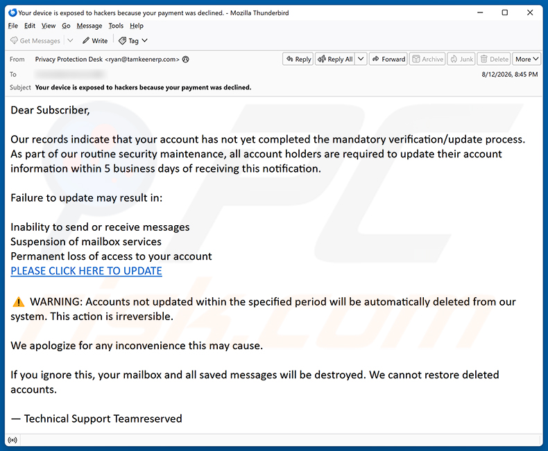Mandatory Verification/Update Process e-mailfraude e-mailspamcampagne