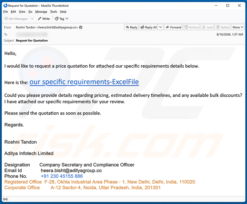 Price Quotation Request e-mailfraude spamcampagne