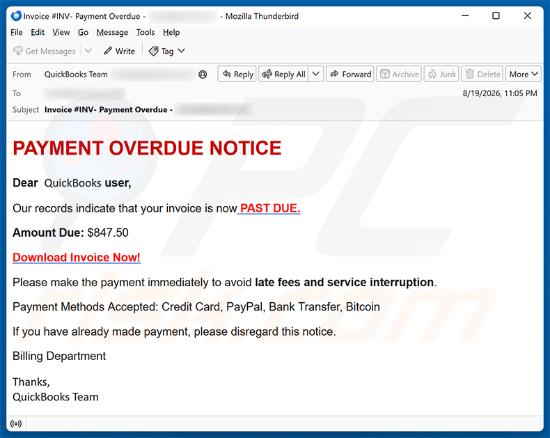 QuickBooks - Payment Overdue e-mailfraude spamcampagne