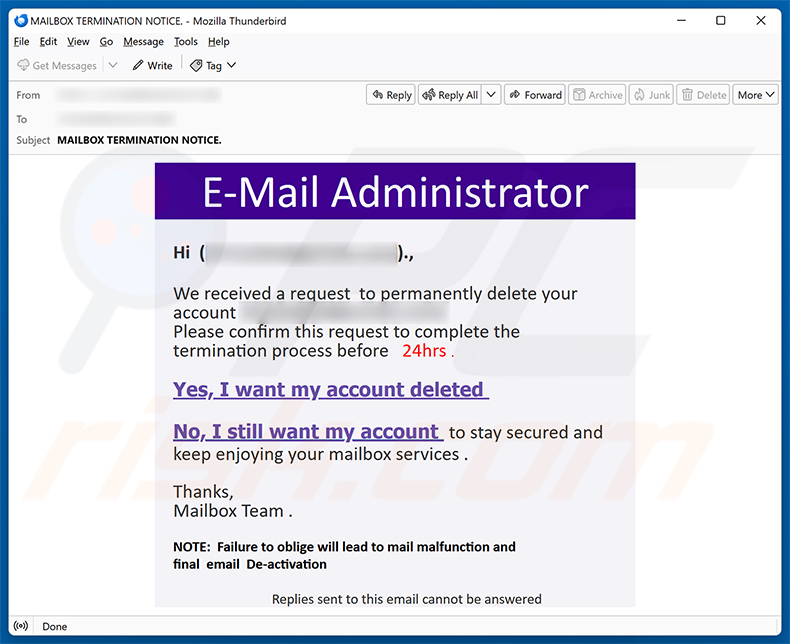 Request To Permanently Delete Your Account spam e-mailcampagne