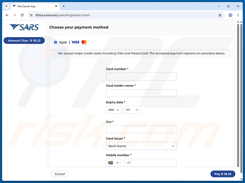 SARS Tax Refund Email Scam pagina voor het verzamelen van creditcardgegevens