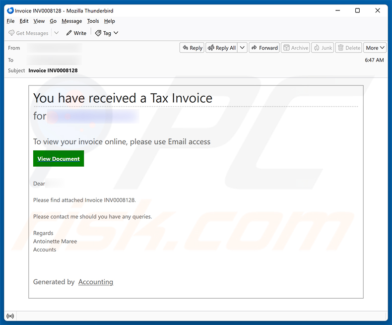 You Have Received A Tax Invoice e-mailfraude spamcampagne