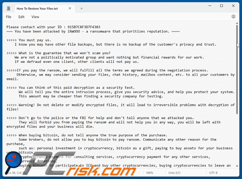 ZAWOOO ransomware losgeldbrief (How To Restore Your Files.txt)
