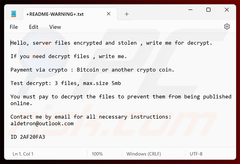 Aldet ransomware losgeldbrief (+README-WARNING+.txt)