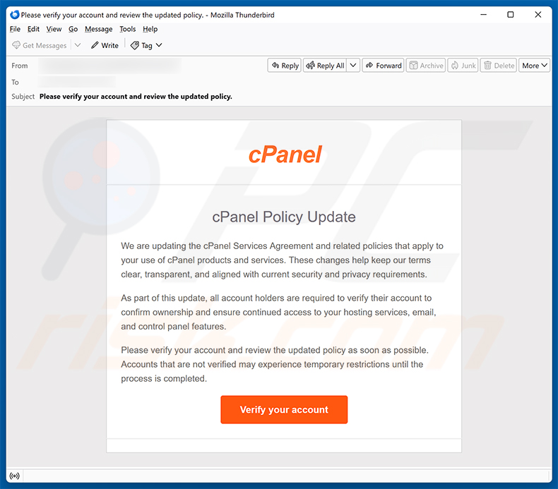 cPanel Policy Update e-mailfraude spamcampagne