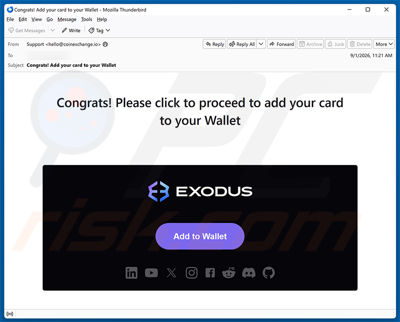 Exodus - Add Your Card To Your Wallet e-mailfraude spamcampagne