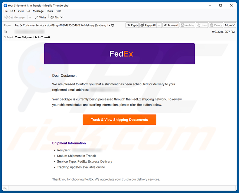 FedEx Shipment Scheduled For Delivery e-mailfraude spamcampagne