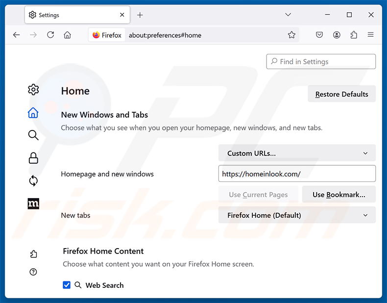 homeinlook.com verwijderen uit de Mozilla Firefox-homepage