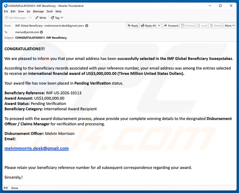 IMF Global Beneficiary Sweepstakes e-mailspamcampagne