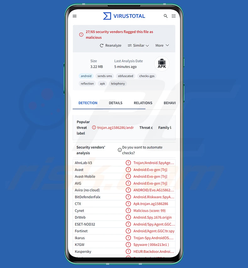 Mantax Otax malware detections on VirusTotal