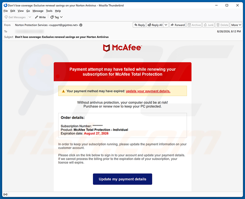 McAfee - Payment Method Expired e-mailfraude spamcampagne