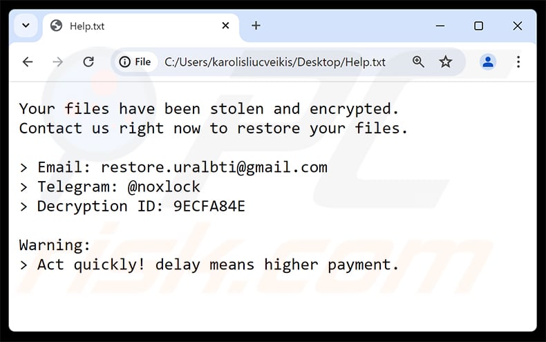 NoxLock ransomware losgeldbrief (Help.txt)