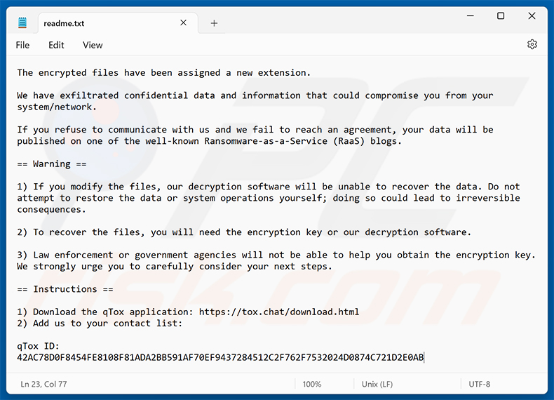 qTox Ransomware losgeldbrief (readme.txt)
