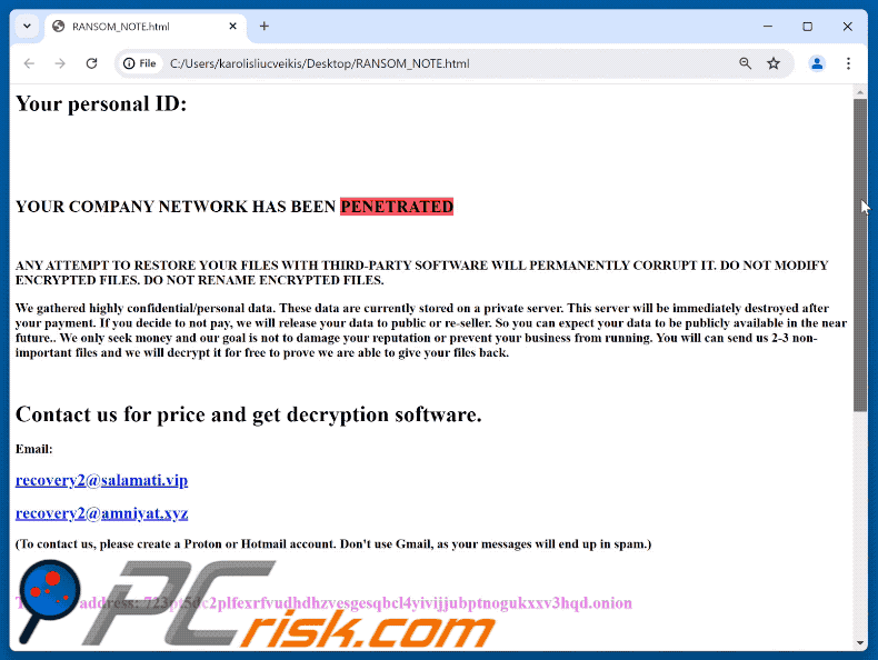 Losgeldbrief van Regulus ransomware (RANSOM_NOTE.html)