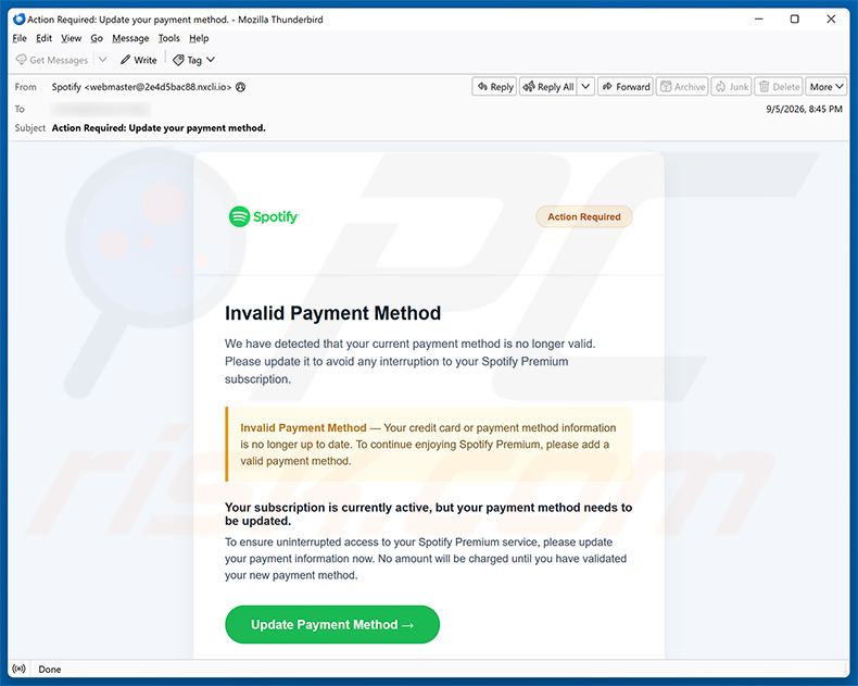 Spotify - Invalid Payment Method e-mailfraude spamcampagne