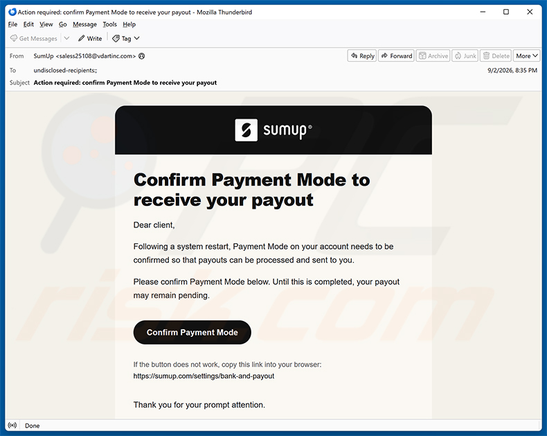 SumUp Payment Mode Confirmation e-mailfraude spam campagne