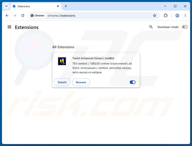 Twitch Enhanced Viewer | JeetBot kwaadaardige extensie verwijderen uit Google Chrome stap 2