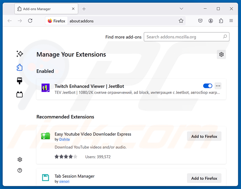 Twitch Enhanced Viewer | JeetBot kwaadaardige extensie verwijderen uit Mozilla Firefox stap 2