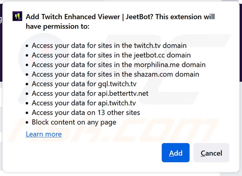 Twitch Enhanced Viewer | JeetBot kwaadaardige extensie die machtigingen aanvraagt in Firefox