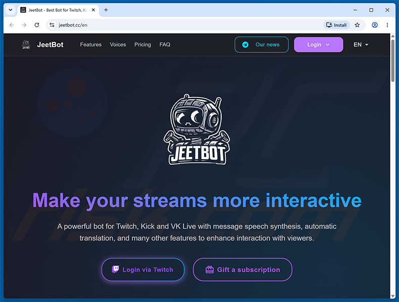 Website die de kwaadaardige extensie Twitch Enhanced Viewer | JeetBot promoot