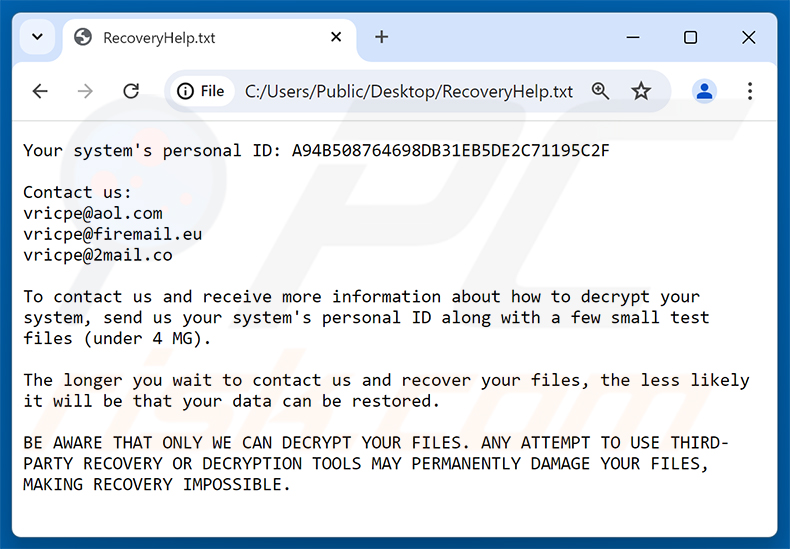 Vricpe ransomware losgeldbrief (RecoveryHelp.txt)
