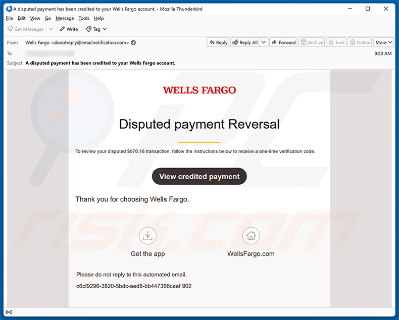Wells Fargo - Disputed Payment Reversal e-mailspamcampagne