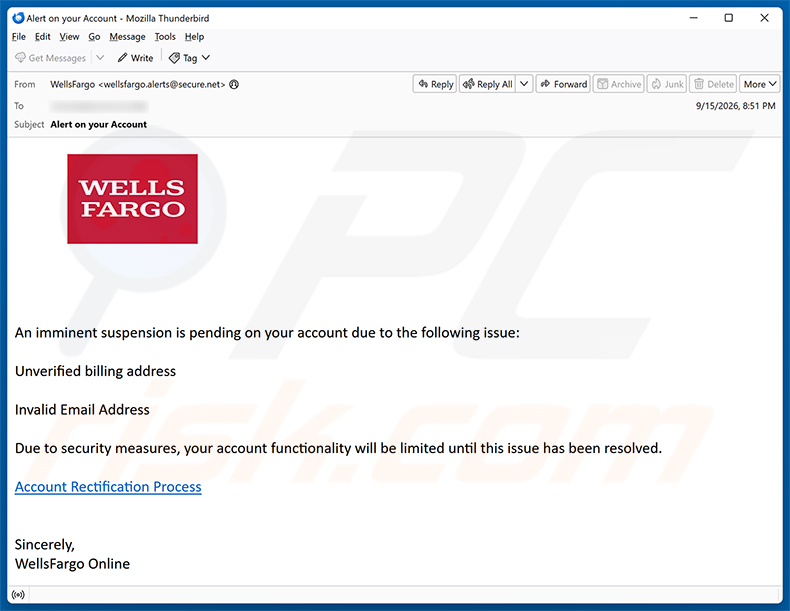 Wells Fargo - Pending Account Suspension e-mailfraude