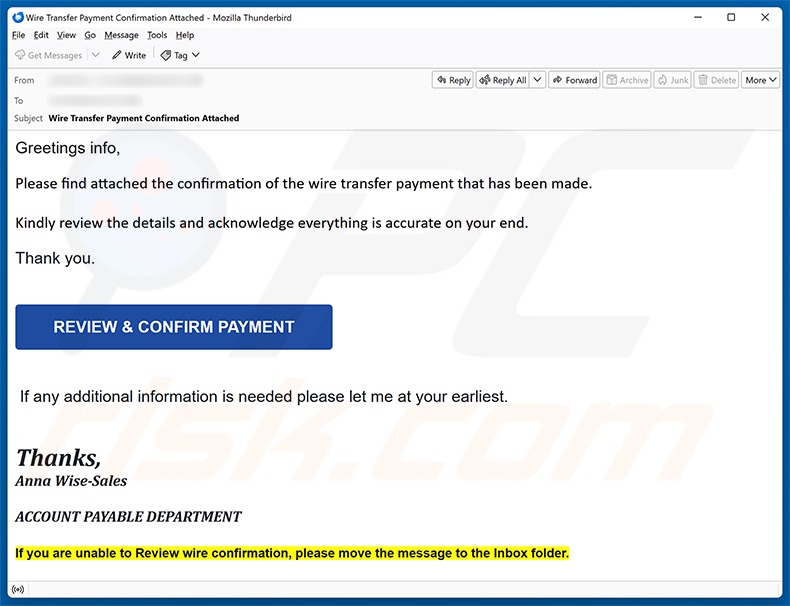 Wire Transfer Payment Confirmation e-mailfraude spamcampagne