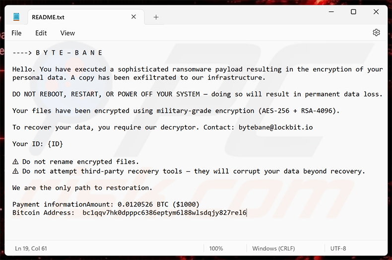 Losgeldbrief van ByteBane ransomware (README.txt)