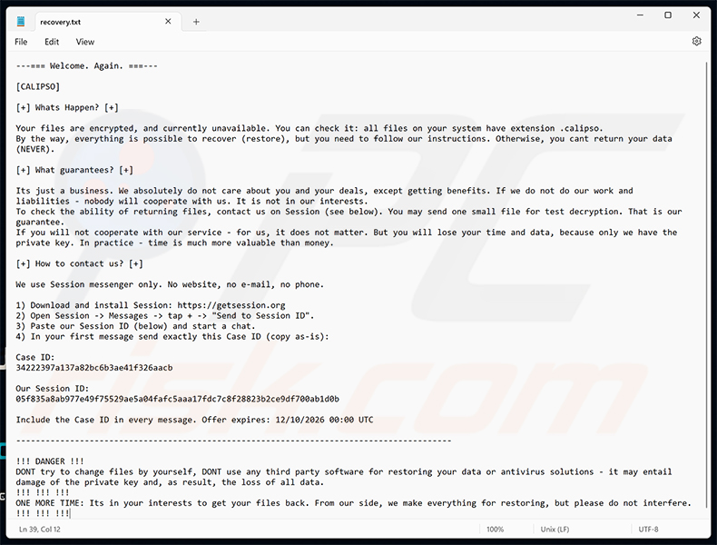 Losgeldbericht van Calipso ransomware (recovery.txt)