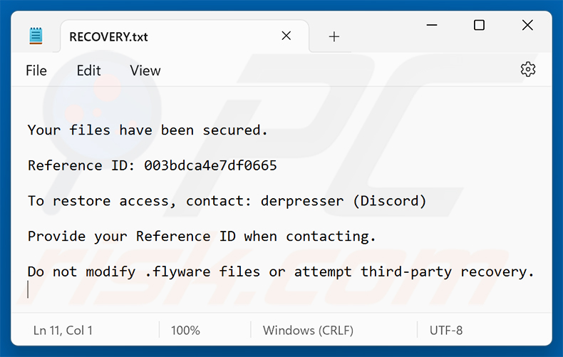 Losgeldbericht van Flyware ransomware (RECOVERY.txt)