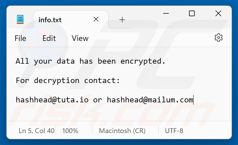Losgeldbericht van Has ransomware (info.txt)