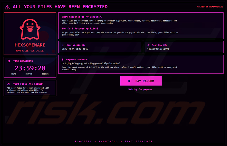 Schermvullende pop-up van Hexsomeware ransomware