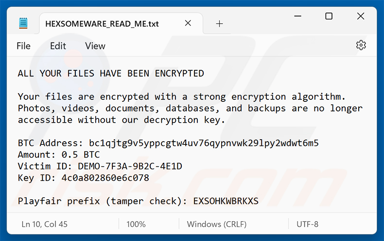 Tekstbestand van Hexsomeware ransomware (HEXSOMEWARE_READ_ME.txt)